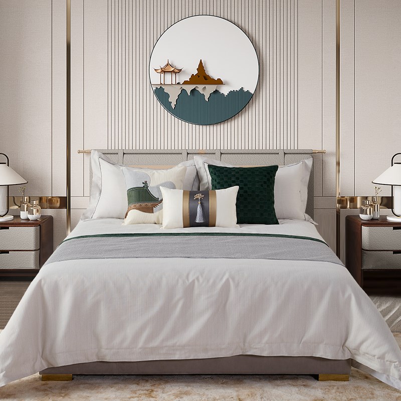 新中式新古典轻奢样板房床 品展厅样板间软M装墨绿色 刺绣床上用