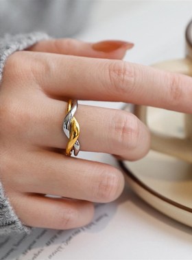 不掉色~设计感小众金银撞色波浪戒指女指环简约冷淡风通勤时尚