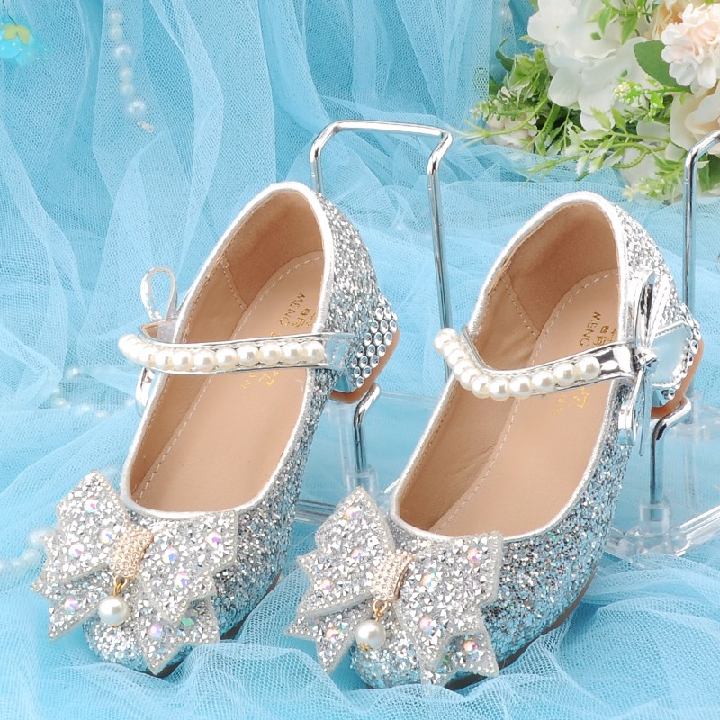 新款儿童高跟银色水晶鞋女童演出公主甜美闪亮模特走秀钢琴舞台鞋
