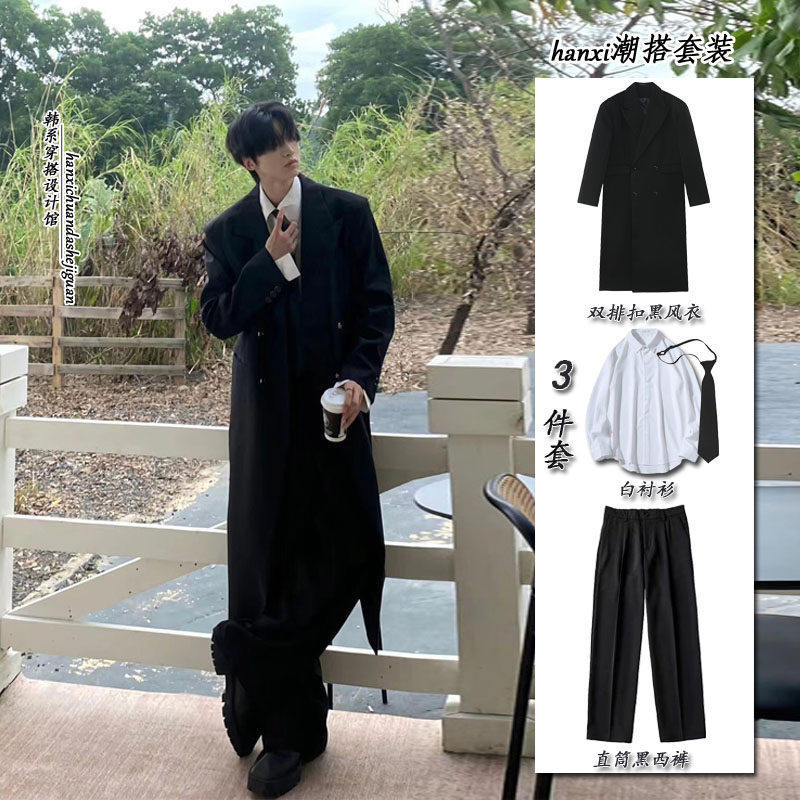 那不勒斯黑色风衣英伦雅痞男装高级感中长款西服大衣搭配三件套装