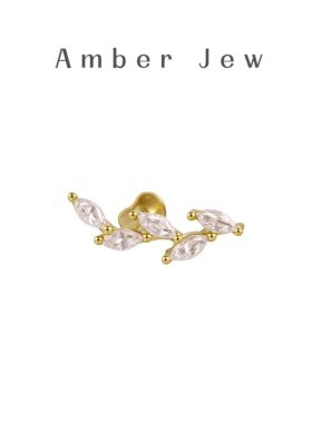 S925纯银镀18K金5A锆石镶钻叶子耳骨钉平底耳饰欧美风耳钉