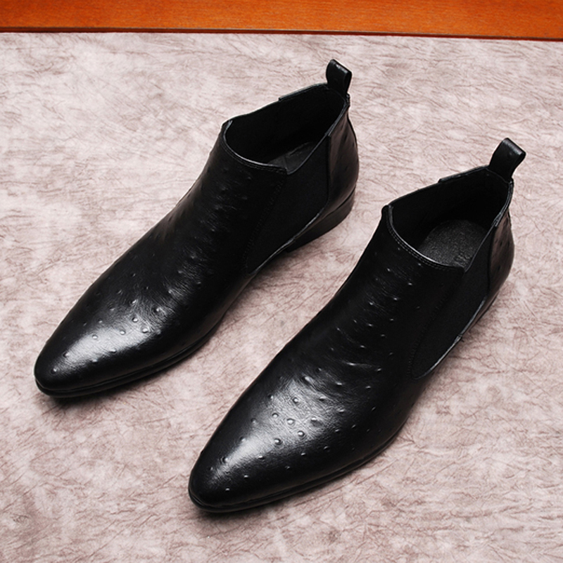 秋冬英伦驼鸟纹休闲高筒皮鞋马丁靴男短靴子尖头皮靴真皮潮男鞋子