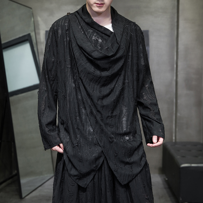 暗黑系不规则半高领卫衣男中国风乞丐破洞打底衫设计感长袖t恤