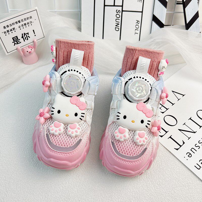 女童粉色猫咪运动鞋2024春季新款儿童旋转纽扣童鞋子10岁女宝女孩