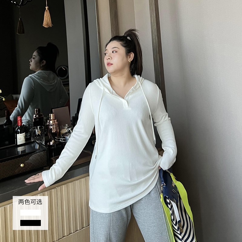 大码女装连帽针织衫中长款秋季胖妹妹mm宽松显瘦长袖打底T恤上衣