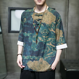 中国风唐装男款民族古风男装古装服装香云纱夏装中老年新中式短袖