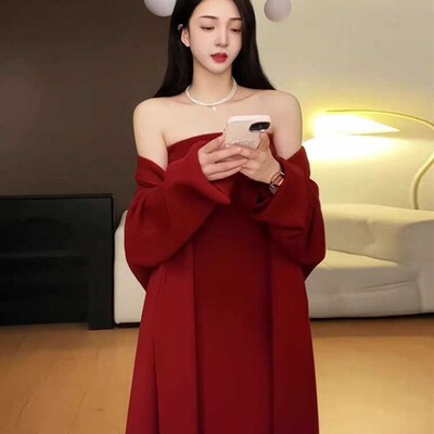 法式温柔风针织两件套女中长款开衫高级感气质抹胸连衣裙秋冬外套