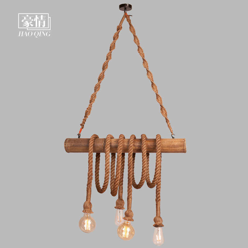 咖啡厅麻绳吊灯麻绳吊灯网吧竹筒麻绳H装饰吧台吊灯创意酒吧餐厅