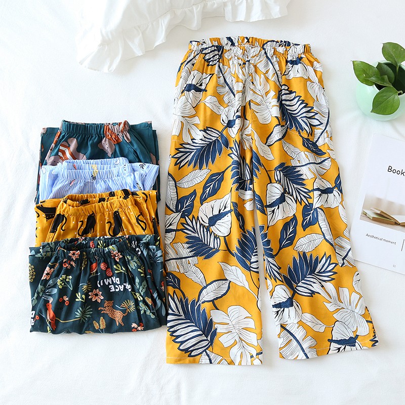 睡裤女夏七分裤短裤纯棉棉绸人造棉裤子宽松薄款绵绸家居裤阔腿裤