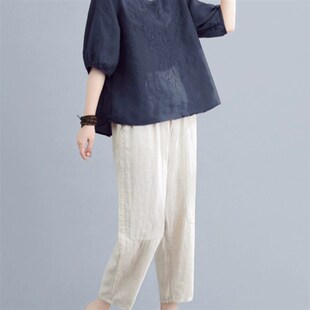 短袖 上衣夏款 中老年女装 中年妈妈装 棉麻两件套装 新款 大码 2025夏装