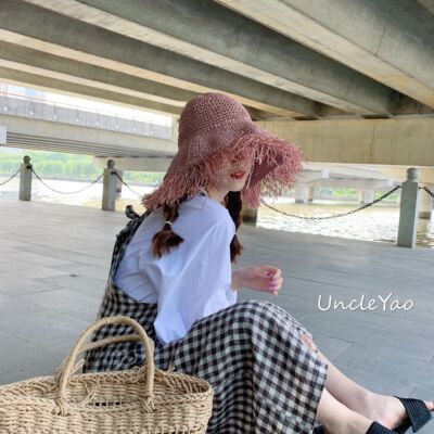 姚叔叔/罕见肉桂k色夏威夷风长流苏毛边大檐遮阳帽草帽子女夏季