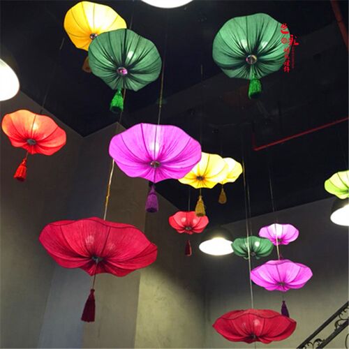 新中式荷叶吊灯中国风灯笼婚庆茶楼客厅餐厅编织布艺绿色红色灯饰