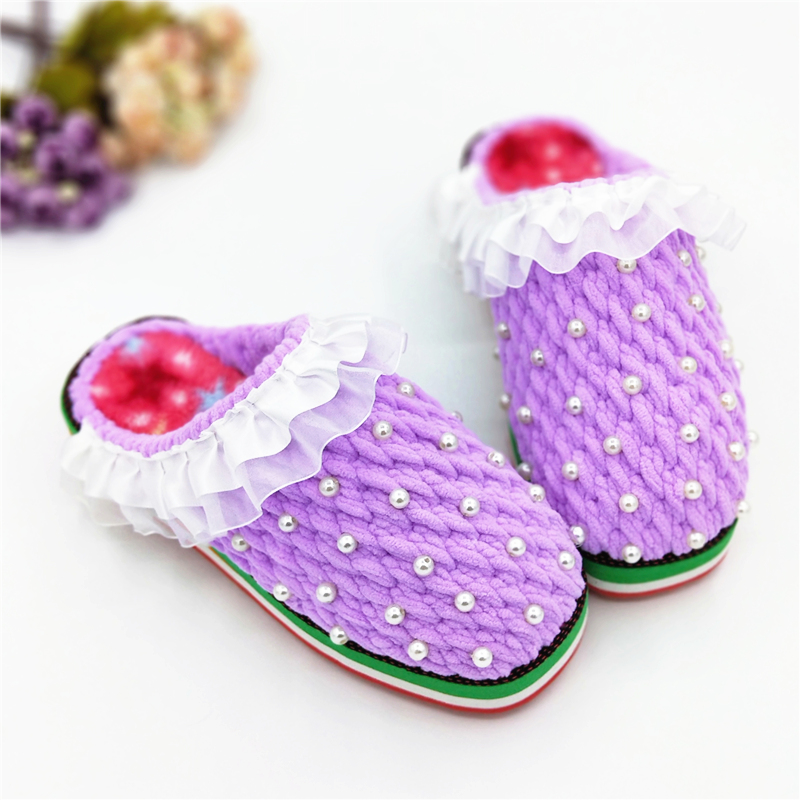 钩针串珠花边手工编自制冬款女包头拖鞋底diy材料包编织冰条毛线