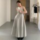 法式 大摆a字蓬蓬花苞连衣裙 新款 极简风灰色收腰无袖 吊带长裙夏季