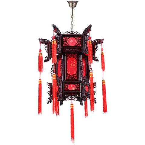 实木宫灯中式阳台大红六角羊皮古典春节新年吊灯挂饰户外仿古灯笼