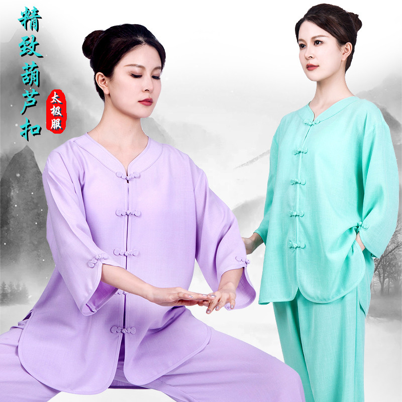 夏天中袖棉麻太极服女短袖太极拳练功服中老年武术服装葫芦扣