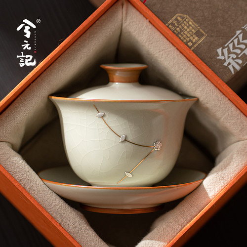 汝窑锔钉银三才盖碗茶碗带盖三件套单个高档茶杯泡茶茶具2025