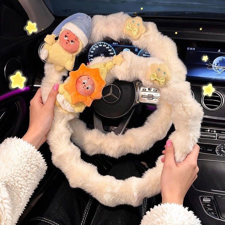 方向盘保护套可爱星星人冬季毛绒加热女士高级感2025新款汽车把套