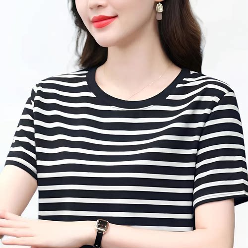 妈妈装夏季纯棉条纹短袖T恤女2026新款宽松大码显瘦百搭休闲上衣