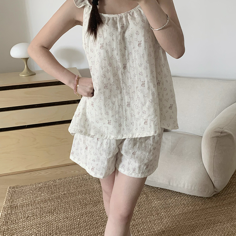 棉花泡泡 原创设计A类全棉双层纱碎花小兔小飞袖睡衣套装家居服女