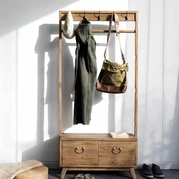 复古玄关卧室老榆木落地衣帽架实木衣帽架多功能换鞋凳二合一衣架