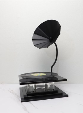 北欧极简轻奢水晶留声机样板房居家客厅桌面酒店软装饰品金属摆件