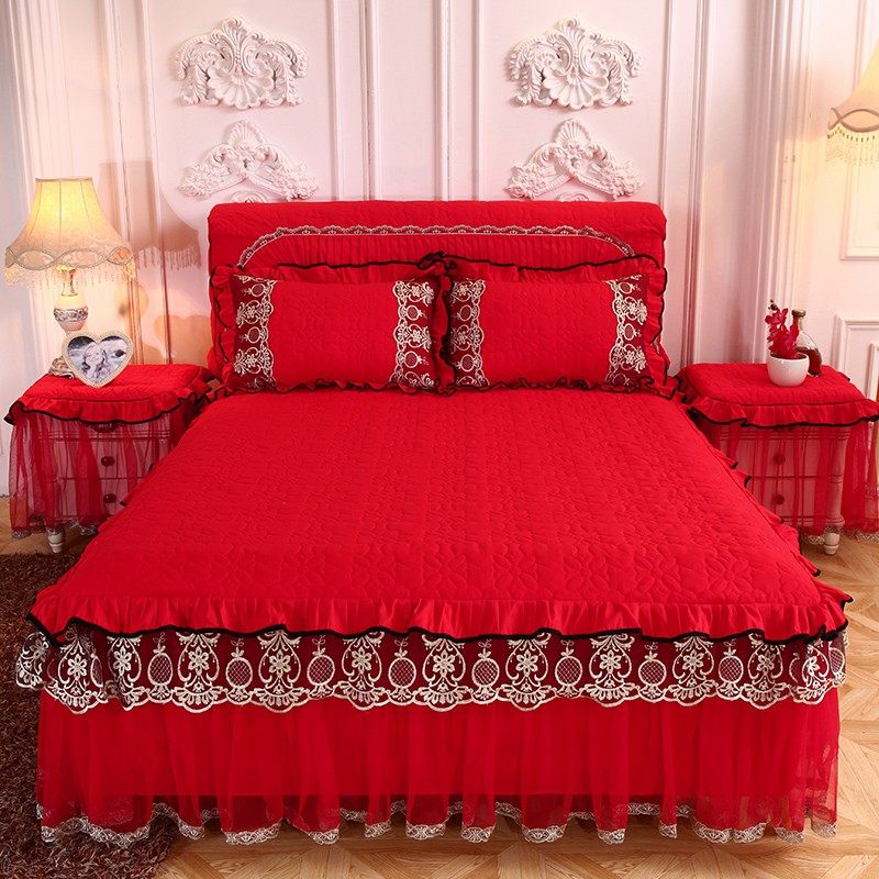 冬季加厚床裙三件套宝蓝色床罩防滑蕾丝1.8m保护套防尘罩加棉床单,床上用品,床裙,淘宝优惠券,粉丝福利购,淘宝优惠卷
