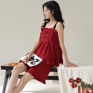 纯棉睡裙女士夏季2025年新款大红色喜庆睡衣女夏天吊带性感连衣裙