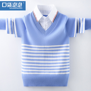 男童假两件毛衣中大童2022秋新款薄款打底衫洋气衬衫领针织线衣潮