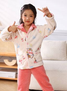 儿童法兰绒睡衣秋冬季男童加绒女童男孩男生加厚珊瑚绒家居服套装