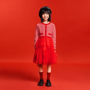 新年服安奈儿女童长袖毛衣针织连衣裙2025春季新款拼接网纱裙红色