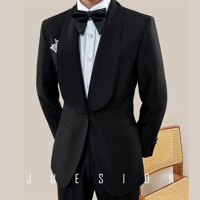 JUESION 青果领白色西装套装男商务绅士修身一粒扣结婚礼新郎礼服