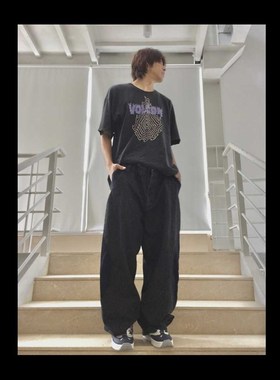 Mid9summer黑色拼接宽松直筒老爹滑板牛仔裤