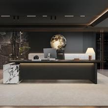黑色意式极简实木老板办公桌带茶台一体式高端总裁大班台轻奢现代