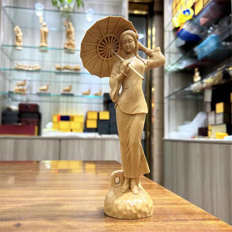 黄杨木雕打伞千金小姐古代美女实木中式摆件装饰人物家居手工艺品