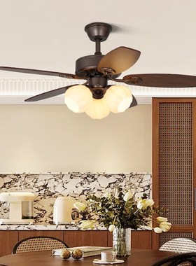 曙阳奶油中古风电扇灯餐厅卧室木叶复古吊扇灯客厅变频中古风扇灯