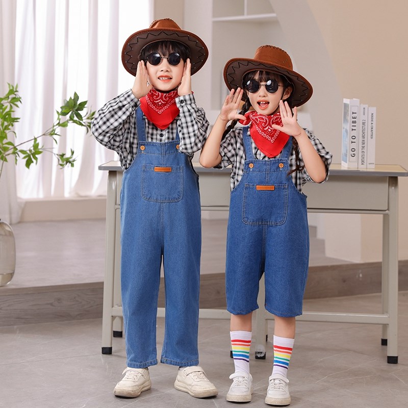 牛仔很忙幼儿园儿童合唱演出服男女童西部牛仔表演舞蹈儿童背带裤