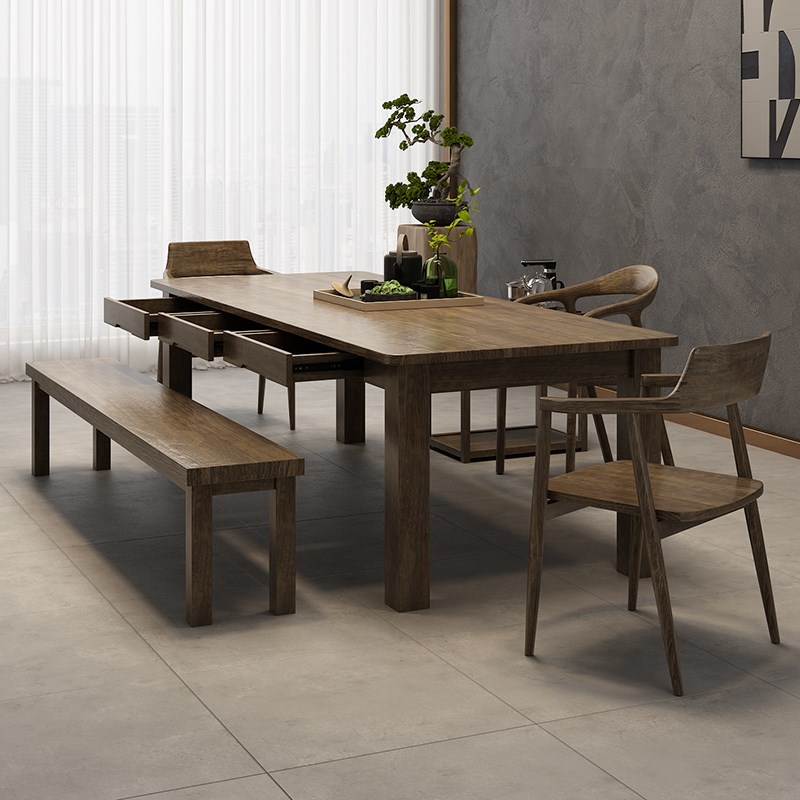 实木六抽屉直腿茶桌新中式办公桌客厅家用茶几极简原木大板泡茶桌