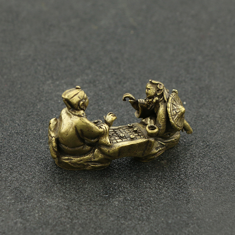 复古纯黄铜棋逢对手小摆件办公家居书房桌面迷你人物文玩手把件
