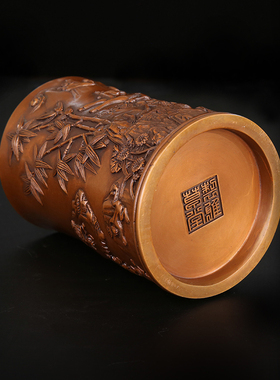 匠泽铜魂 松鹿草笔筒紫铜 纯铜笔筒文房办公用品商务书房装饰摆件