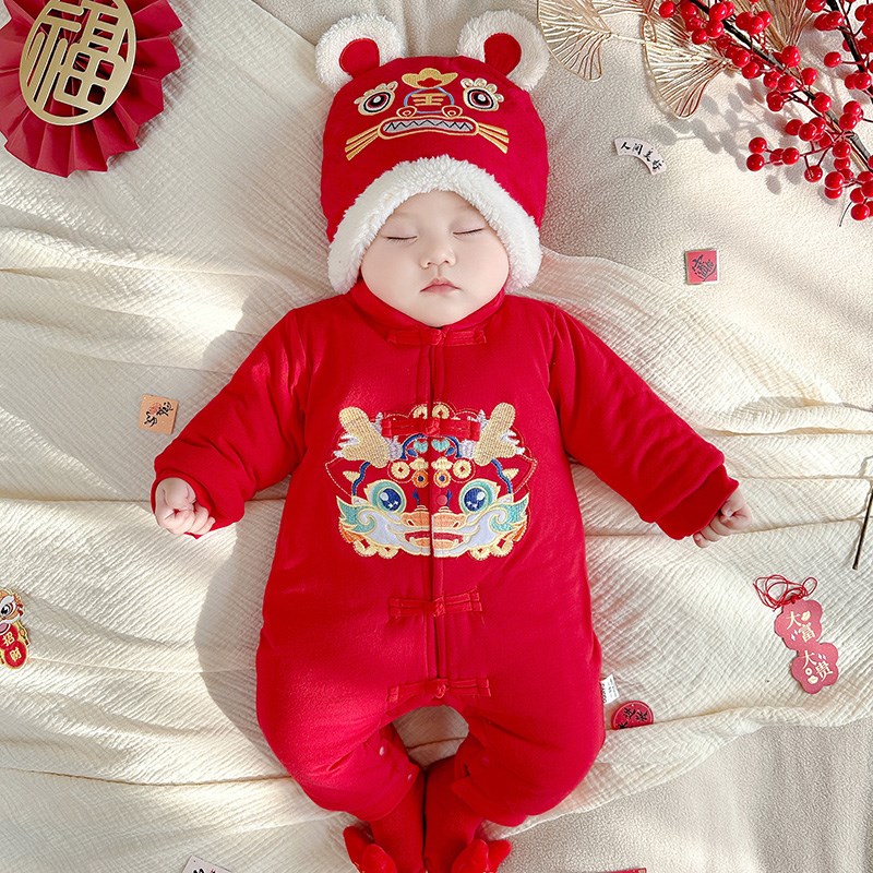 婴儿满月连体哈衣服秋冬季男宝宝百天宴红色喜庆过年拜年周岁礼服