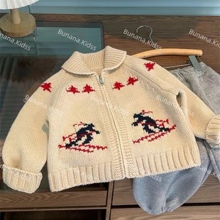 韩国儿童秋冬季毛衣开衫 宝宝翻领毛衣外套女童米色提花洋气毛衣
