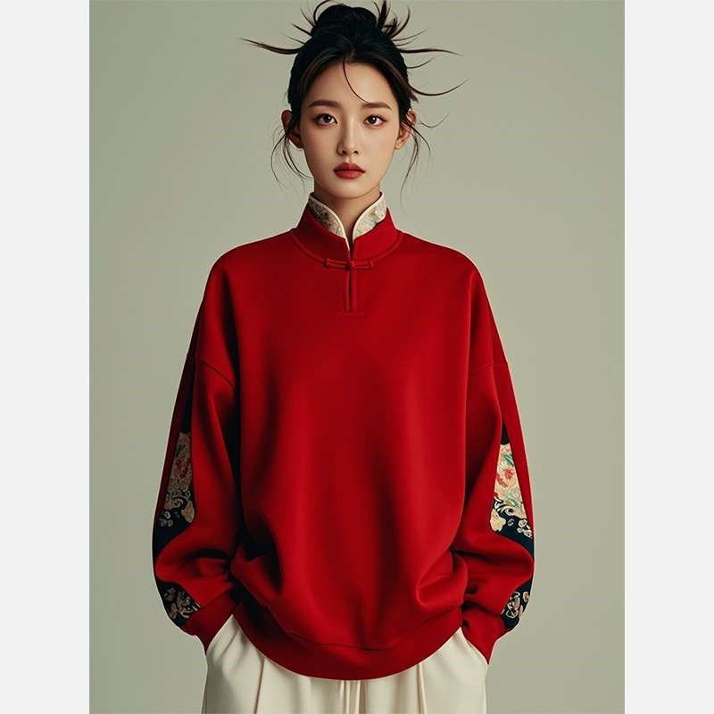 超大码300斤新中式国风百搭红色卫衣外套男女秋冬季宽松过年上衣2