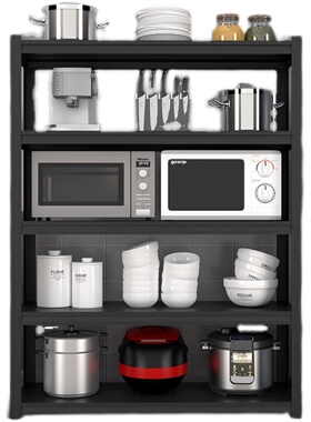 厨房置物架加厚落地式多层微波炉置物架四层黑色收纳储物架货架子