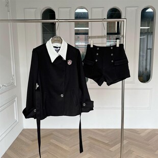 小伍家假两件西装外套女早秋小个子收腰学院风高级感黑色西服上衣