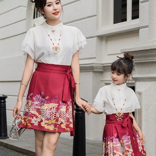 中国风亲子装唐装马面裙一家三口高端母子短袖母女半身裙汉服套装