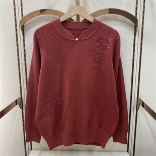 妈妈款洋气小衫中老年女装秋冬针织上衣长袖旗袍领打底衫红色毛衣