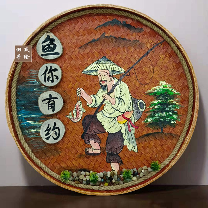 手绘竹编簸箕画复古怀旧墙壁w挂饰农家乐墙面装饰挂件饭店酒店璧