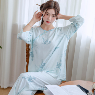 女绵绸睡衣夏天空l调房家居服新中式 春秋棉绸可外穿套 国风款 大码