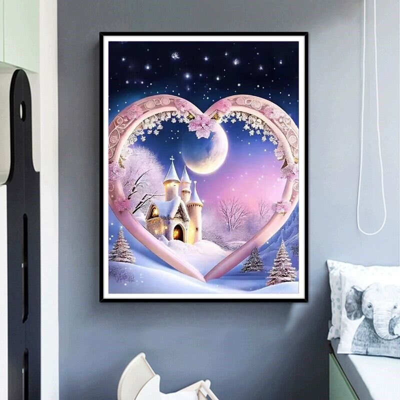 爱心城堡十字绣2024新款线绣客厅小幅卧室儿童房雪景小件满绣简单